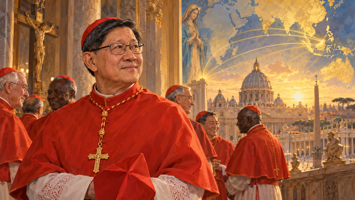 Illustration éditoriale du cardinal philippin Luis Antonio Tagle devant la basilique Saint-Pierre, entouré de cardinaux et d’une évocation de l’Asie.