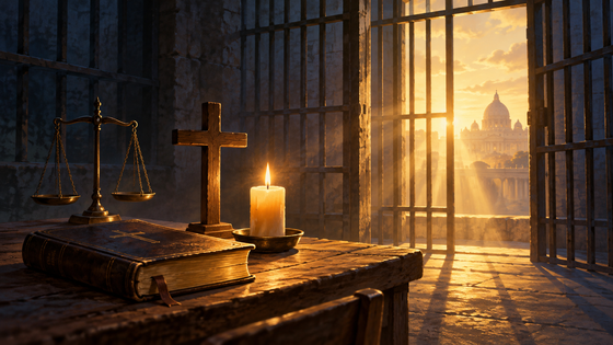 Illustration éditoriale montrant une Bible, une croix, une balance de justice et une lumière traversant les barreaux d’une prison.