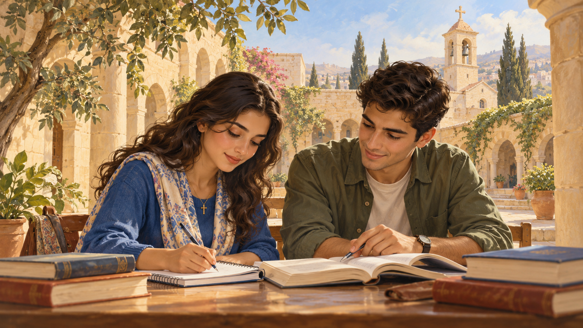 Illustration éditoriale : une étudiante et un étudiant travaillent sur des livres dans une cour d’école évoquant le Moyen-Orient.