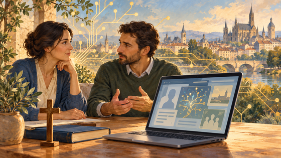 Illustration symbolique : deux personnes échangent près d’un ordinateur, d’une croix et d’un livre, devant une ville européenne.