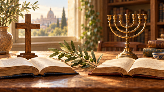 Illustration symbolique du dialogue judéo-catholique : deux livres ouverts, une croix, une menorah à sept branches et un rameau d’olivier.