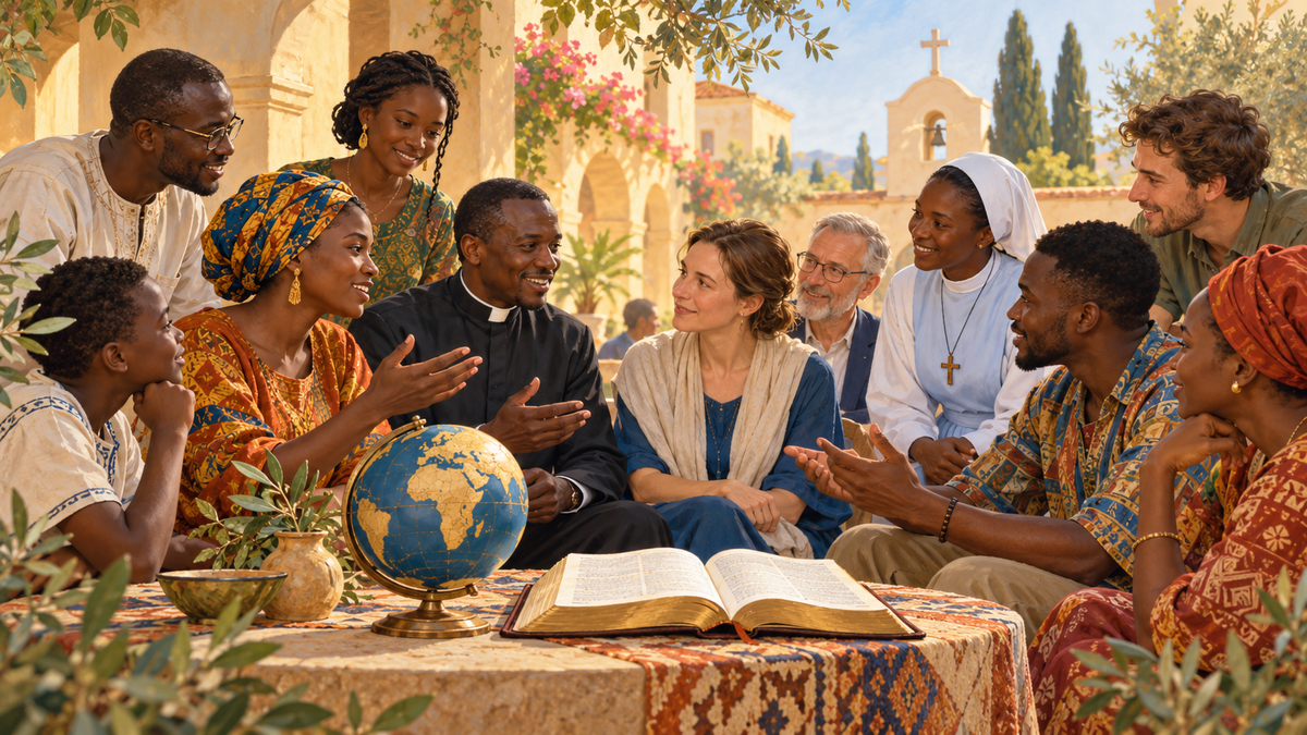 Illustration symbolique : des catholiques africains et européens, un prêtre et une religieuse réunis autour d’une Bible et d’un globe.