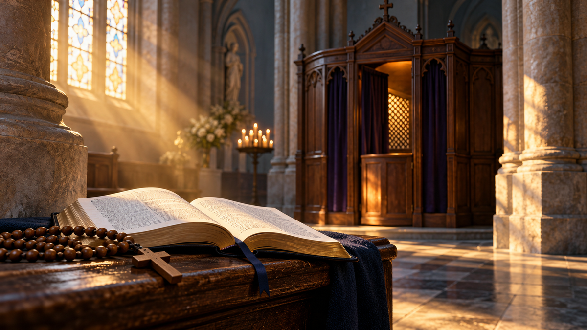 Illustration symbolique d’un confessionnal éclairé, avec une Bible ouverte et un chapelet au premier plan