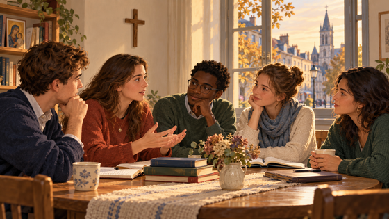 Illustration symbolique de cinq jeunes adultes échangeant autour d’une table dans une salle paroissiale, avec une croix au mur et une église à la fenêtre.