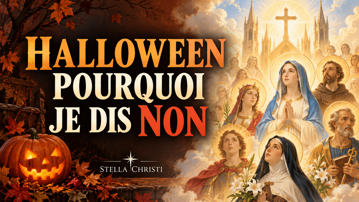 Halloween : pourquoi je dis non — miniature Stella Christi avec une citrouille, une église et les saints dans la lumière.