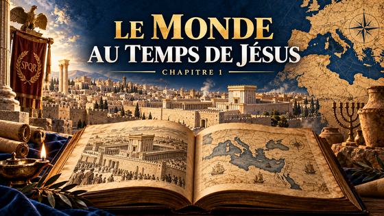 Jérusalem au Ier siècle et carte de la Méditerranée, sur un livre ancien bleu nuit et or.