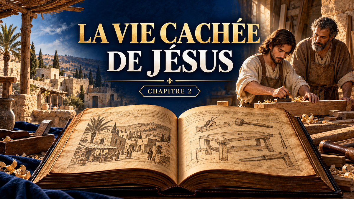 Évocation de Jésus et Joseph dans un atelier à Nazareth, dans des tons bleu nuit et or.