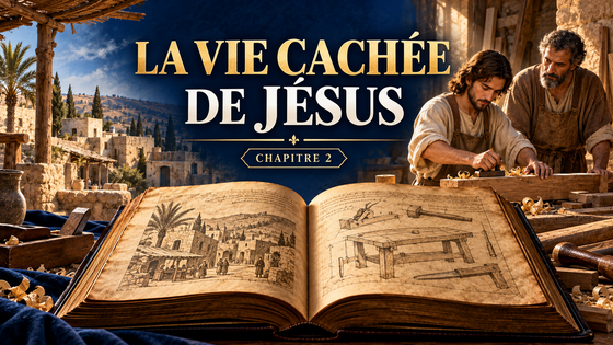 Évocation de Jésus et Joseph dans un atelier à Nazareth, dans des tons bleu nuit et or.