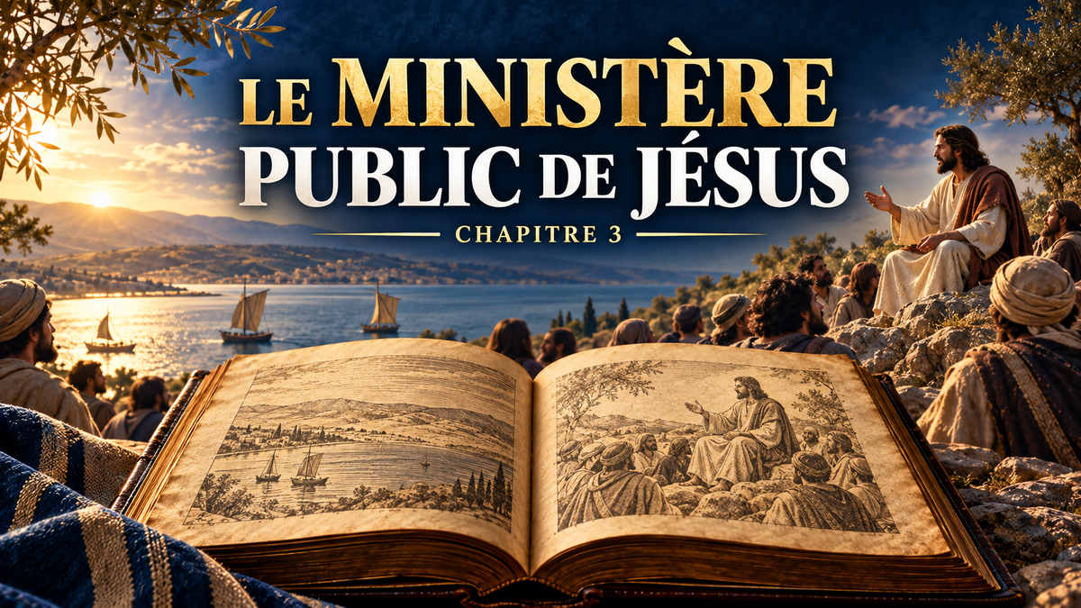 Jésus enseignant à une foule au bord du lac de Galilée, illustration historique bleu nuit et or.