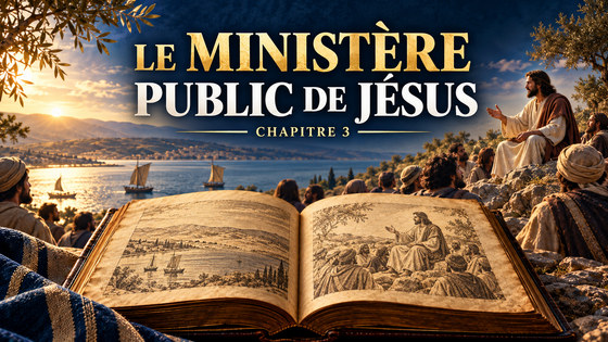 Jésus enseignant à une foule au bord du lac de Galilée, illustration historique bleu nuit et or.