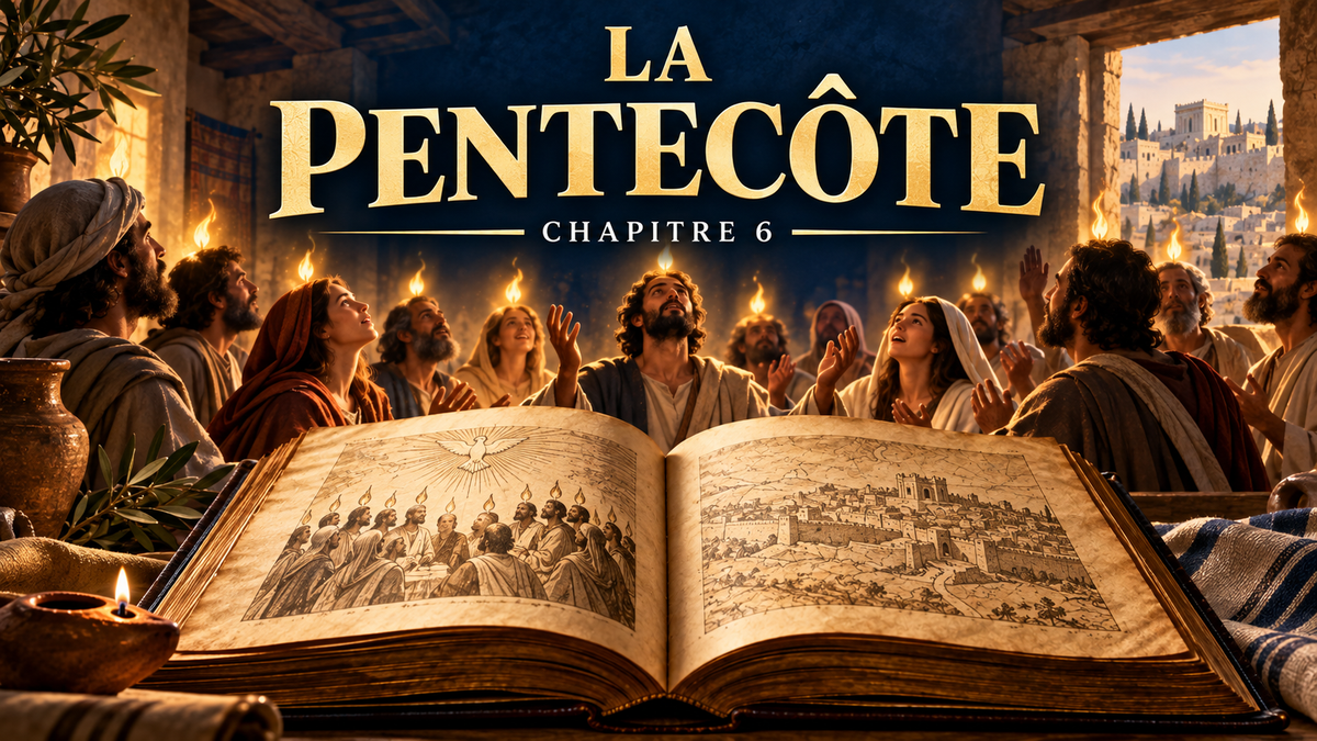 Disciples rassemblés à Jérusalem sous des flammes symboliques, évocation du récit de la Pentecôte.