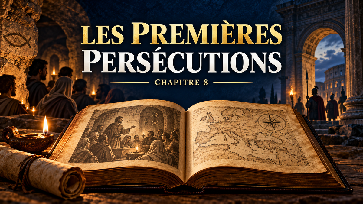 Évocation des premières persécutions : communauté chrétienne, soldats romains au loin et lampe à huile.