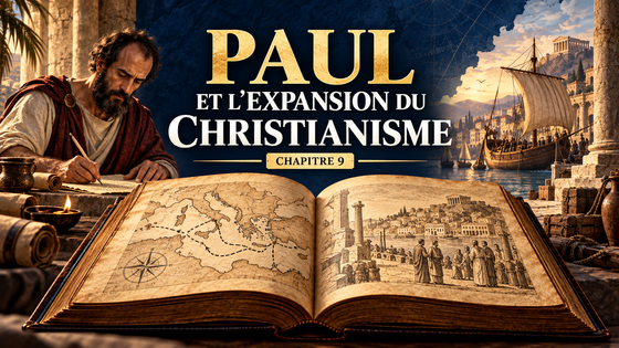 Paul rédigeant une lettre, avec un port antique et une carte de la Méditerranée.