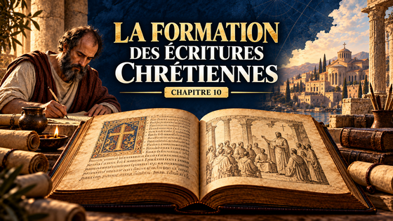 Évocation artistique de la transmission des Écritures chrétiennes : un scribe, des rouleaux et un livre ancien, en bleu nuit et or.
