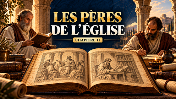Évocation artistique des Pères de l’Église : deux lettrés de l’Antiquité lisent et écrivent autour de livres anciens, en bleu nuit et or.