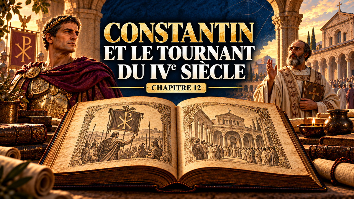 Miniature du chapitre 12 : Constantin et le tournant du IVe siècle, titre doré et blanc sur bleu nuit, livre ancien au premier plan.