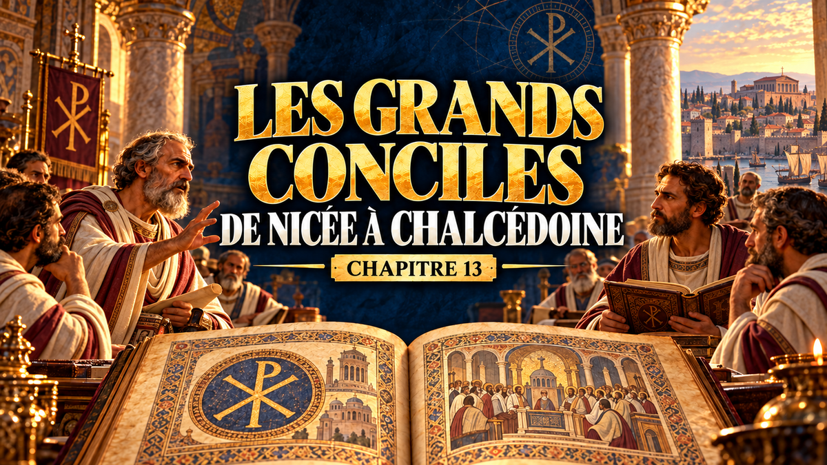 Miniature du chapitre 13 : les grands conciles de Nicée à Chalcédoine, évêques antiques, titre doré et blanc sur bleu nuit et livre ancien.
