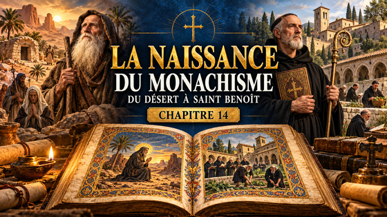Illustration du chapitre 14 montrant saint Antoine au désert, saint Benoît devant un monastère et un livre ancien ouvert.