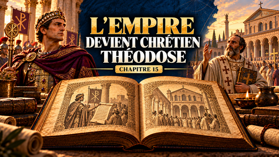 Évocation artistique de Théodose et d’Ambroise devant une basilique antique et un livre ouvert ; L’Empire devient chrétien, chapitre 15.