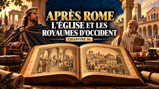 Chapitre 16 — Après Rome : évocation artistique d’un roi franc et d’un évêque devant des architectures anciennes, avec un grand livre ouvert.