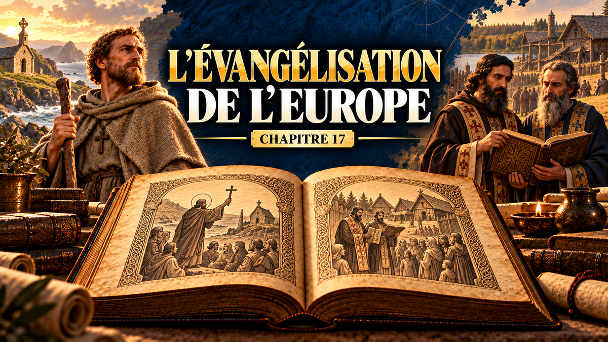 Évocation artistique de missionnaires irlandais et de Cyrille et Méthode autour d’un livre ancien, avec le titre L’évangélisation de l’Europe, chapitre 17.