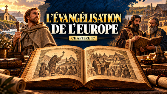 Évocation artistique de missionnaires irlandais et de Cyrille et Méthode autour d’un livre ancien, avec le titre L’évangélisation de l’Europe, chapitre 17.