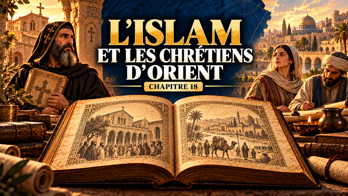 Évocation artistique de chrétiens du Proche-Orient autour d’un livre ancien, avec le titre L’islam et les chrétiens d’Orient et le cartouche Chapitre 18.