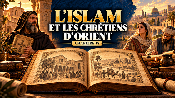 Évocation artistique de chrétiens du Proche-Orient autour d’un livre ancien, avec le titre L’islam et les chrétiens d’Orient et le cartouche Chapitre 18.