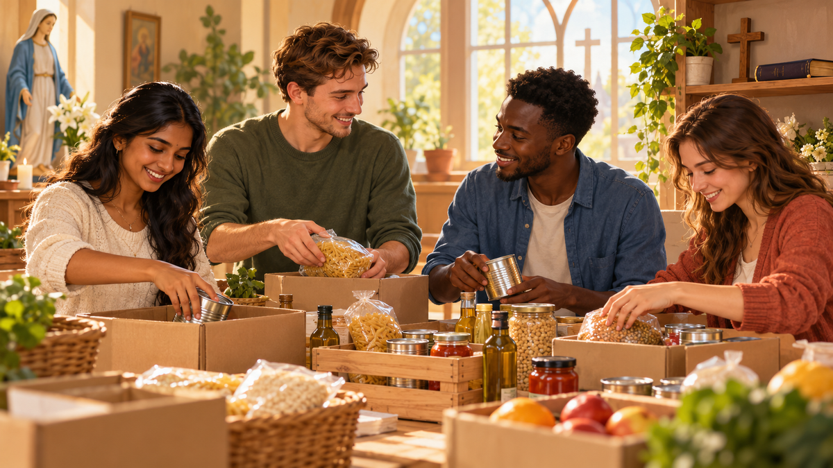 Illustration symbolique de quatre jeunes adultes catholiques de cultures différentes préparant des colis alimentaires dans une salle paroissiale.