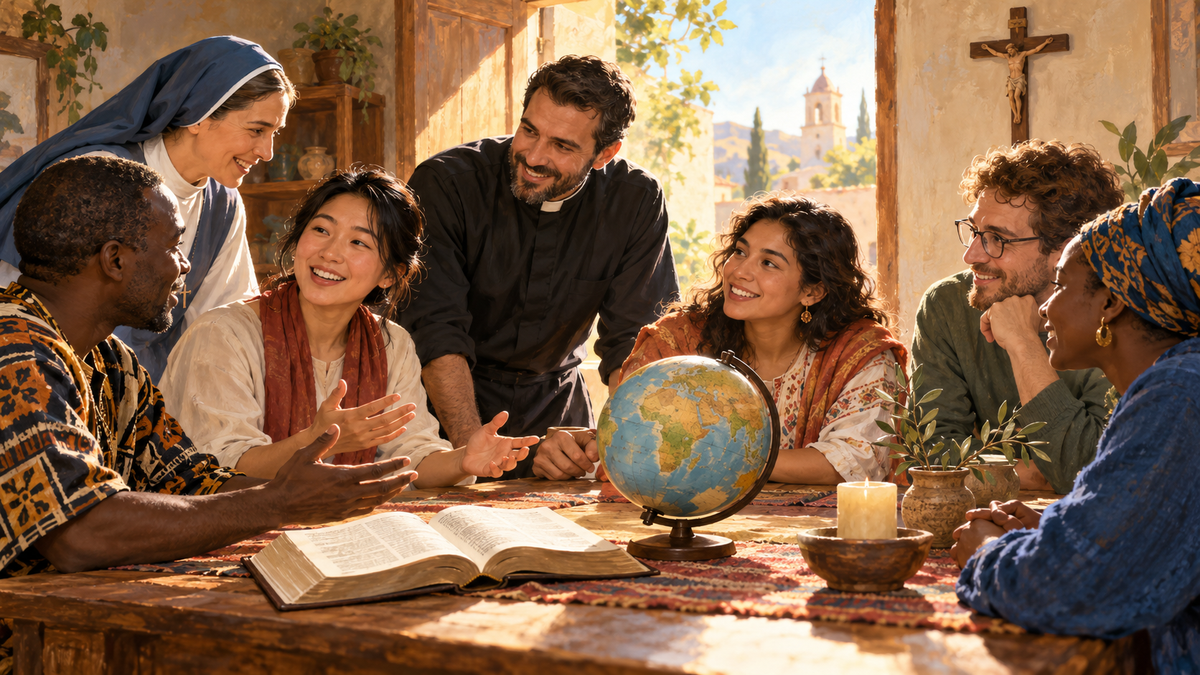 Illustration symbolique de catholiques de plusieurs continents réunis avec un prêtre et une religieuse autour d’un Évangile et d’un globe.