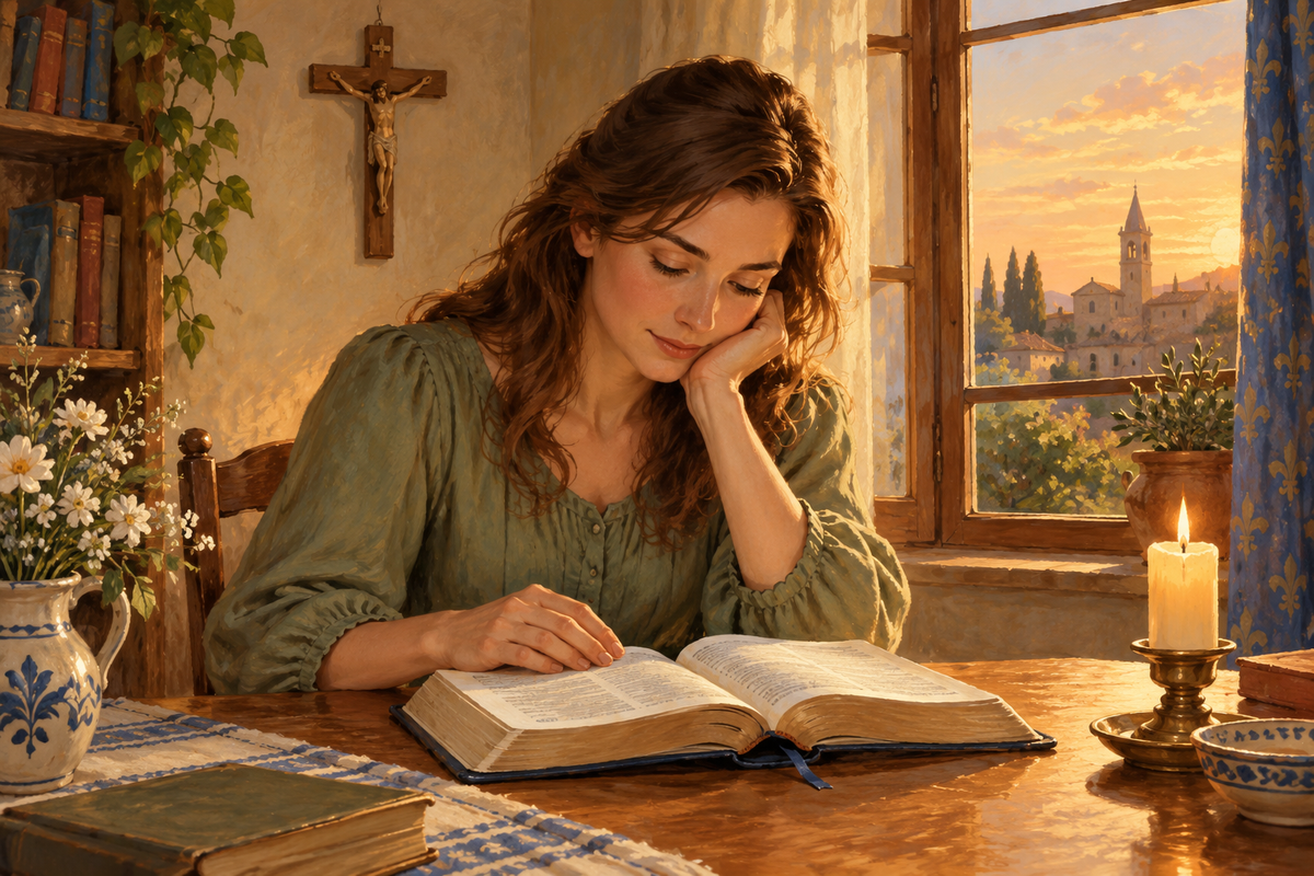 Illustration peinte d’une femme lisant une Bible ouverte dans un coin prière, auprès d’une bougie et d’un crucifix.