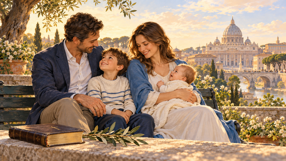 Illustration symbolique : un couple et ses deux enfants près d’une Bible et d’un rameau d’olivier, avec la basilique Saint-Pierre en arrière-plan.