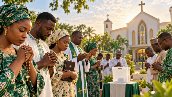 Illustration symbolique : des catholiques nigérians prient près d’une église et d’une urne pour des élections pacifiques.