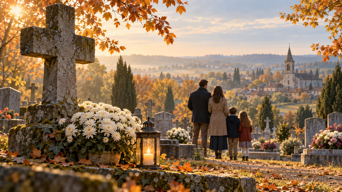 Illustration : une famille se recueille dans un cimetière en automne, près d’une croix, de fleurs blanches et d’une lanterne.