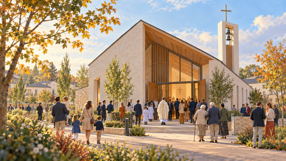 Illustration éditoriale d’une communauté entrant dans une église catholique contemporaine des Yvelines après sa consécration.