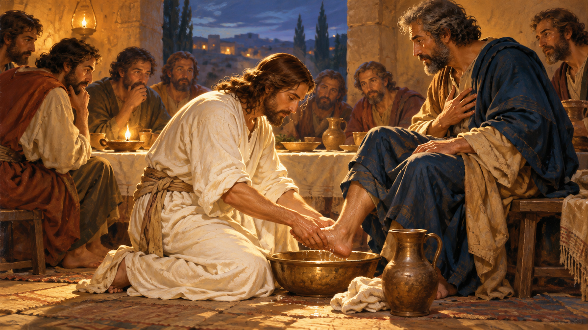 Illustration de Jésus lavant les pieds d’un disciple lors de la Cène.