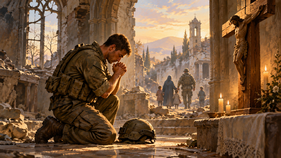 Illustration d’un soldat en prière devant un crucifix, au milieu d’une chapelle endommagée.