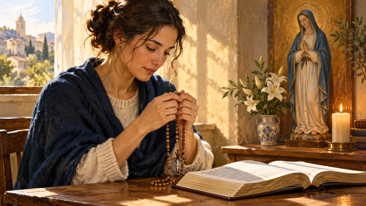 Illustration d’une personne apprenant à prier le Rosaire avec sa Bible.