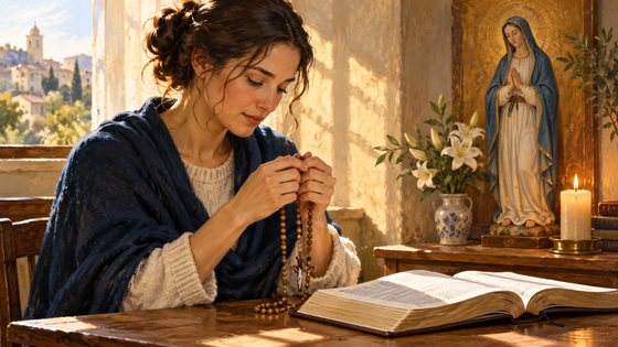 Illustration d’une personne apprenant à prier le Rosaire avec sa Bible.