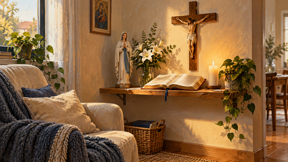 Illustration d’un coin prière aménagé dans une maison avec Bible et crucifix.