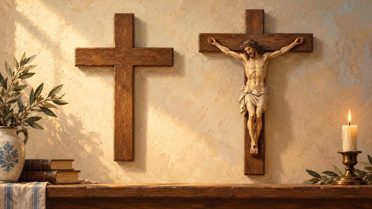 Illustration d’une croix simple et d’un crucifix présentés côte à côte.