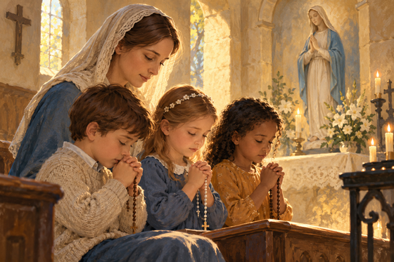 Illustration de trois enfants priant le chapelet avec une mère dans une chapelle.