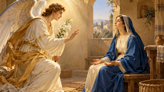 Illustration de l’ange Gabriel annonçant à Marie la naissance de Jésus.