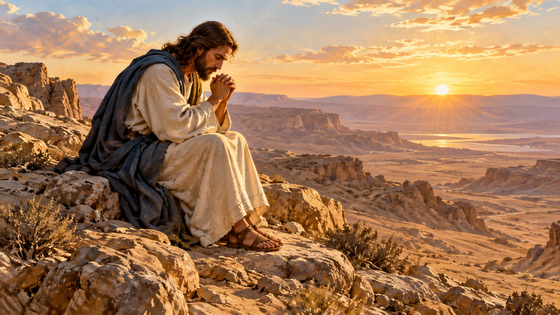 Illustration de Jésus en prière dans le désert, pour le temps du Carême.
