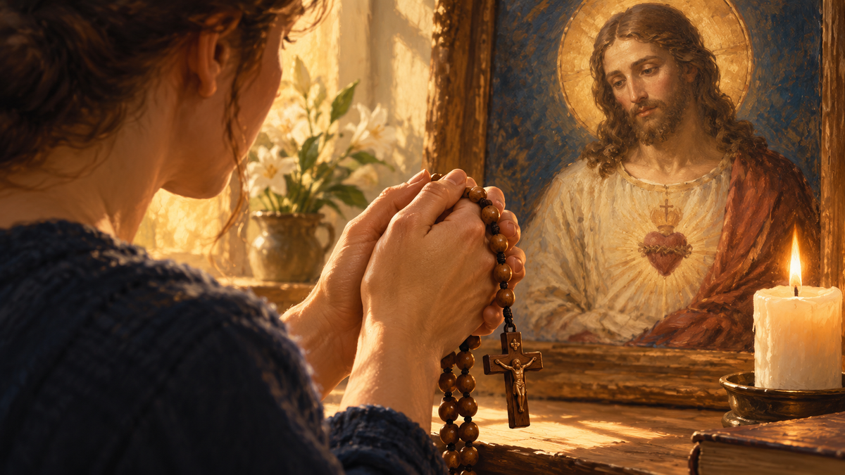 Illustration de mains tenant un chapelet devant une représentation du Christ.