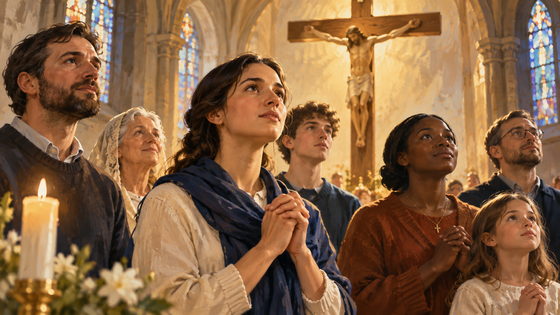 Illustration de fidèles professant leur foi ensemble devant un crucifix.