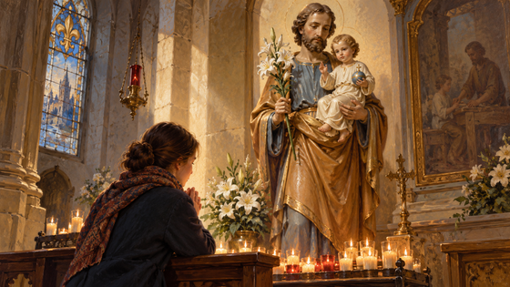 Illustration d’une statue de saint Joseph dans une chapelle avec un fidèle en prière.