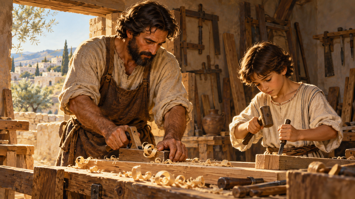 Illustration de Joseph artisan dans son atelier de Nazareth avec Jésus enfant.