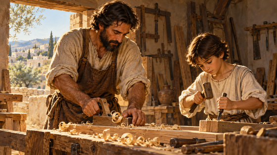 Illustration de Joseph artisan dans son atelier de Nazareth avec Jésus enfant.