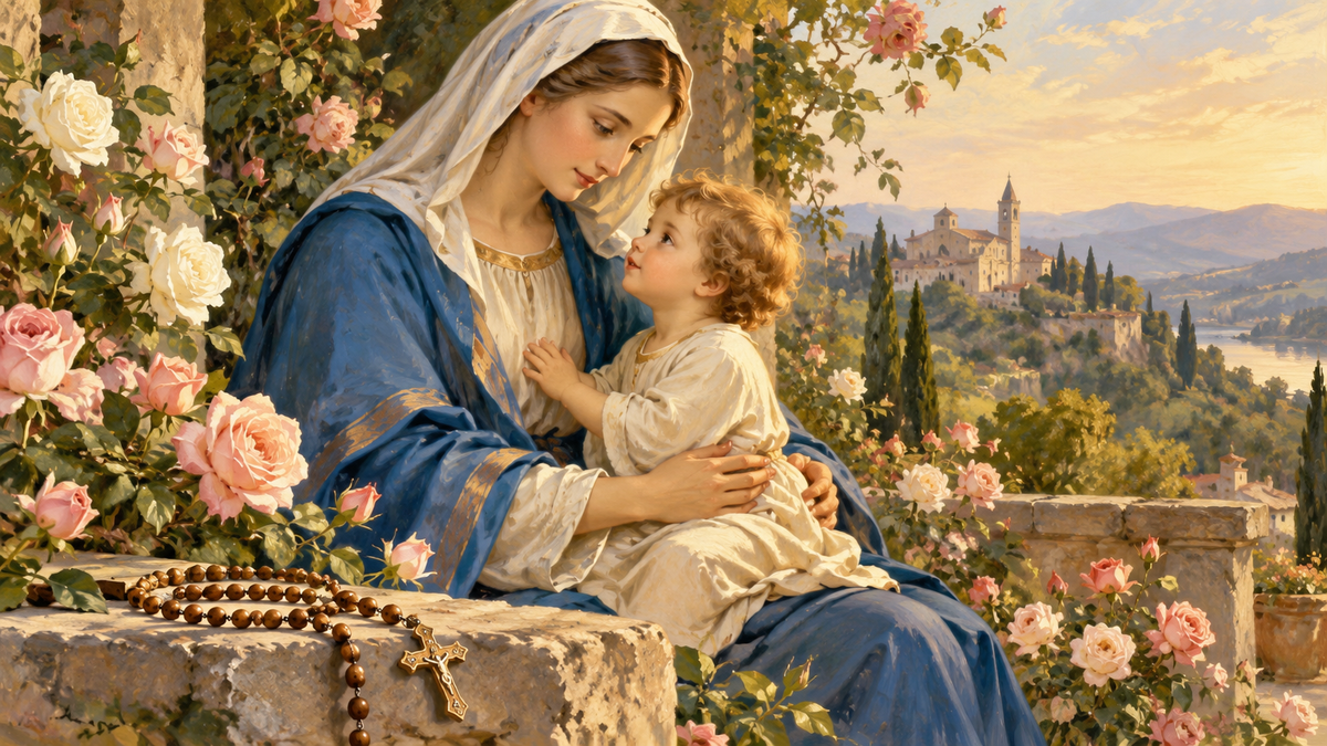 Illustration de la Vierge Marie et de Jésus au milieu des fleurs du mois de mai.